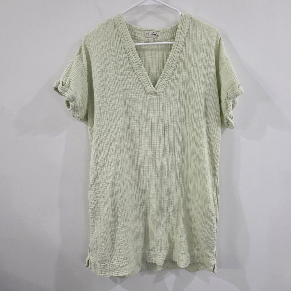 Wonderly‎ Womens Gauze Shirt Dress Size Large Green Midi Lagenlook Cottage